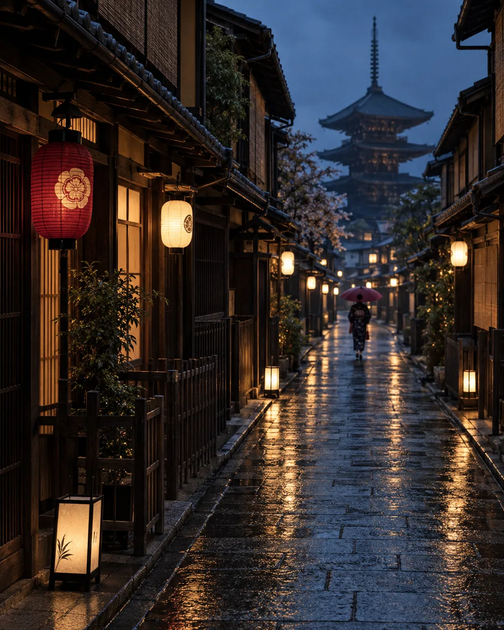 A narrow Kyoto lane at blue hour with glowing paper lanterns and rain-slick stone paving.