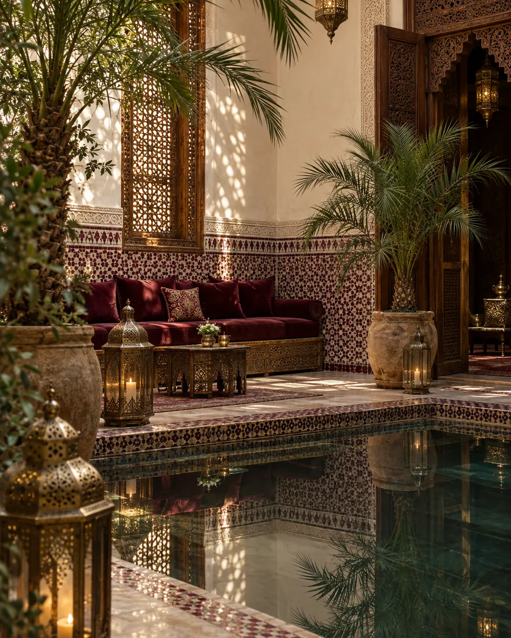A Marrakech riad courtyard with burgundy zellige tilework, brass lanterns and a still reflecting pool.