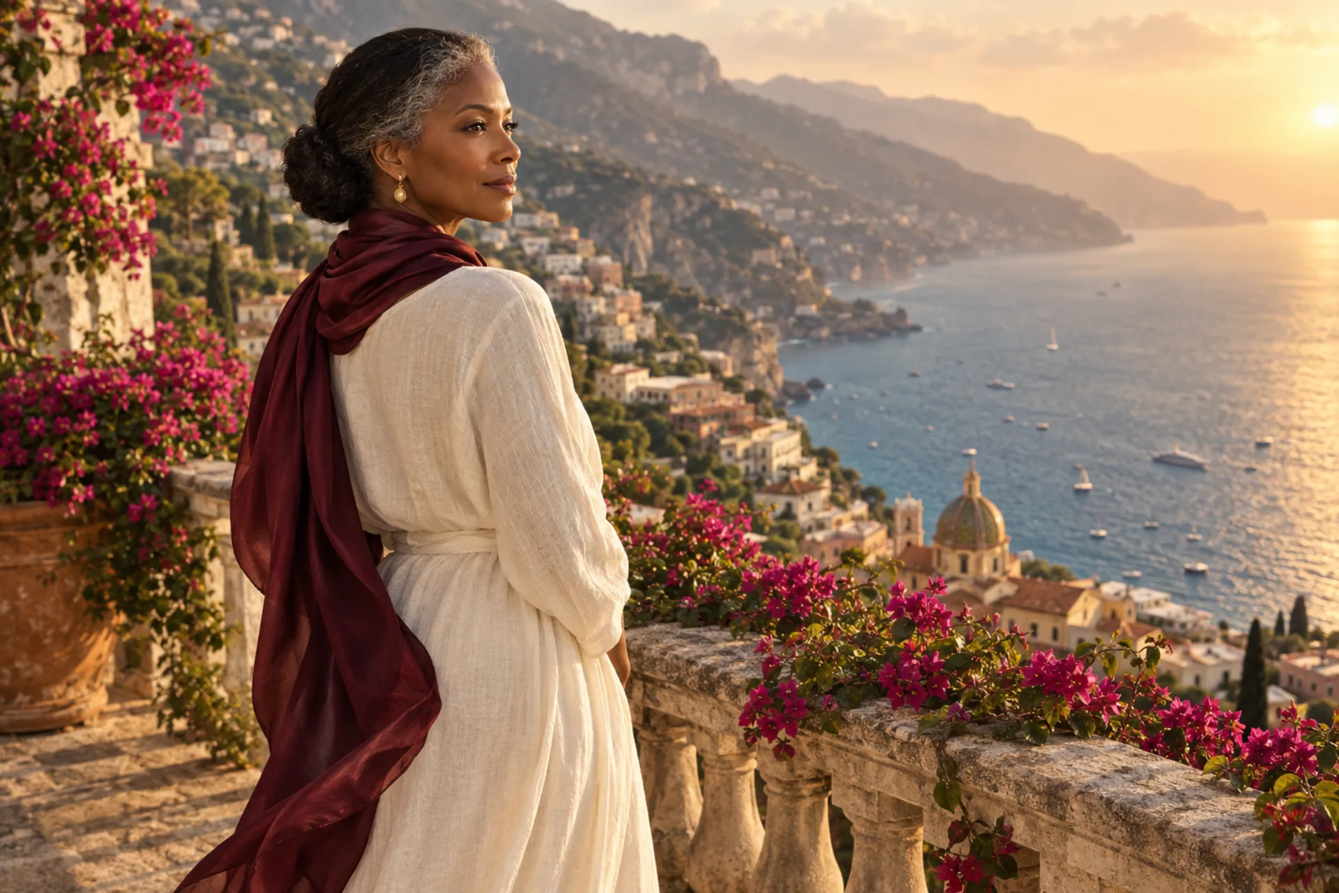 A woman in an ivory linen dress and burgundy silk scarf on a stone terrace high above the Amalfi Coast at golden hour.