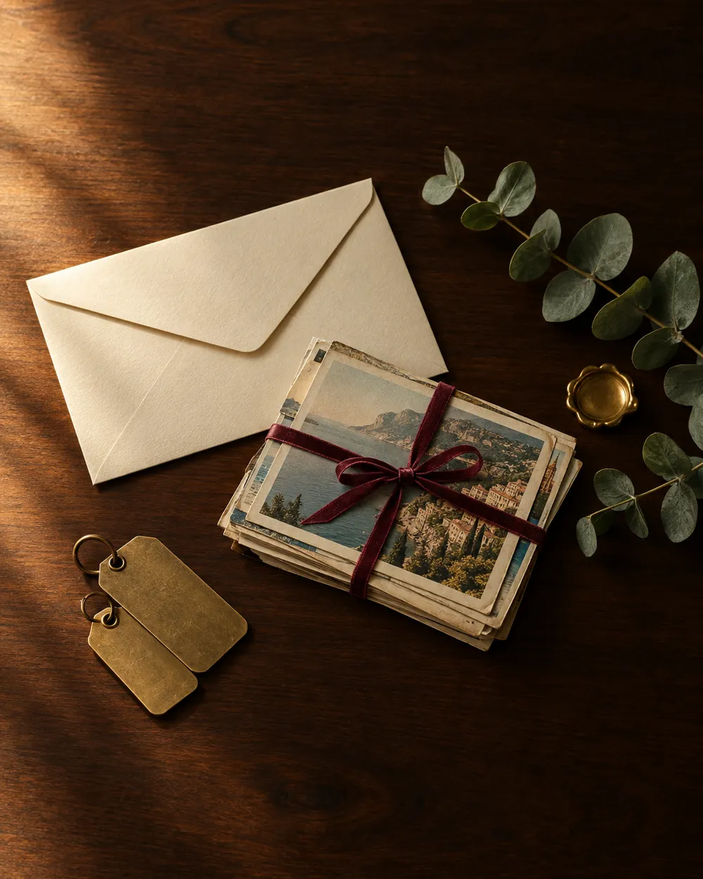 A cream envelope and a stack of vintage postcards tied with a burgundy ribbon on dark polished wood.