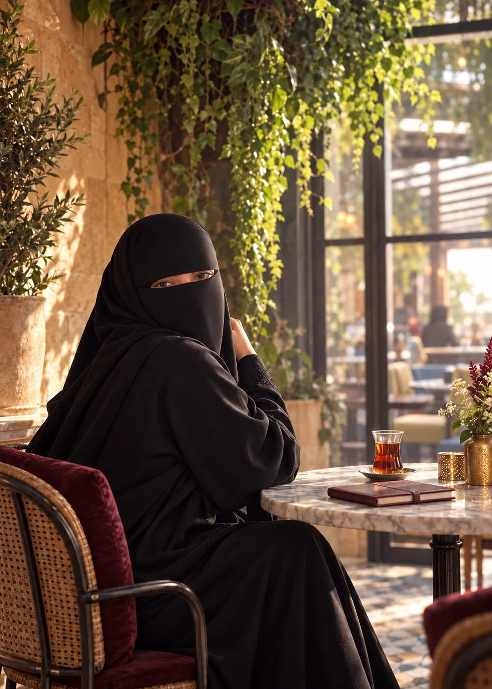 Saliymah Jones seated at a marble cafe table with mint tea and a burgundy journal, beneath cascading greenery.