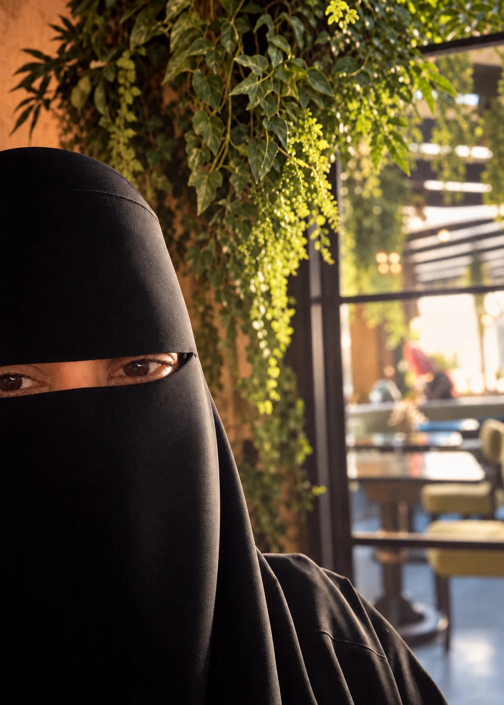 Saliymah Jones in profile beneath hanging greenery in a sunlit courtyard cafe.