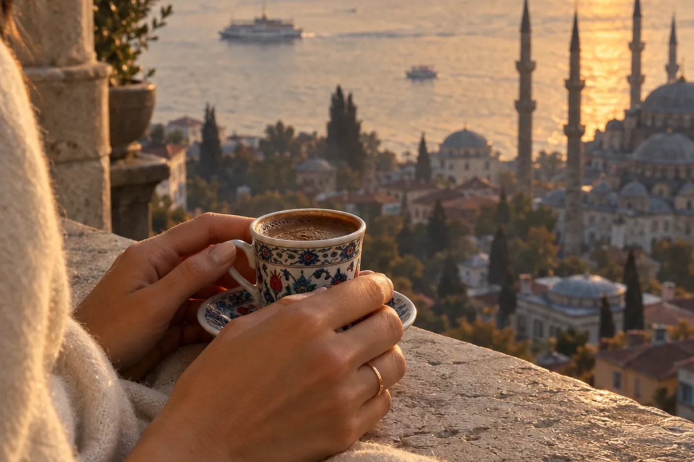 Hands holding a small cup of Turkish coffee on a stone balcony above the Bosphorus at sunrise.