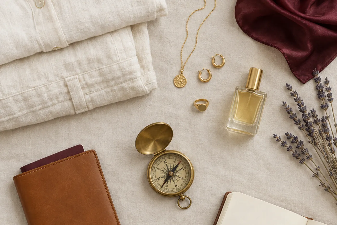 An overhead flat lay of folded ivory linen, a burgundy silk scarf, gold jewelry, a leather passport wallet and an open notebook.