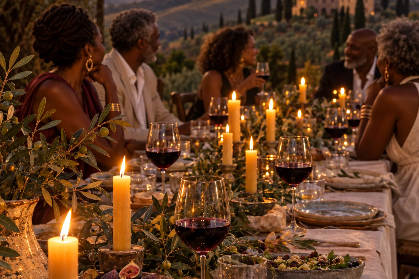 A long candlelit dinner table set with cream linen and red wine in the Tuscan hills at dusk.